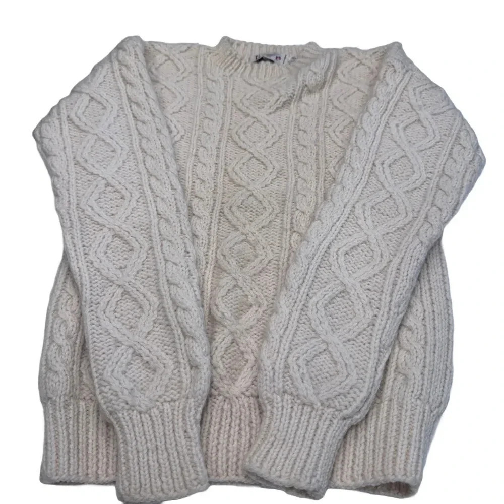 Fireworks Women’s Fishermen Wool Sweater Hand Knit Crew Neck Size Large